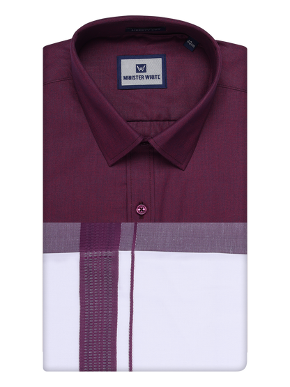 Mens Dark Wine Color Shirt with Matching Border Dhoti Combo Casper by Minister White