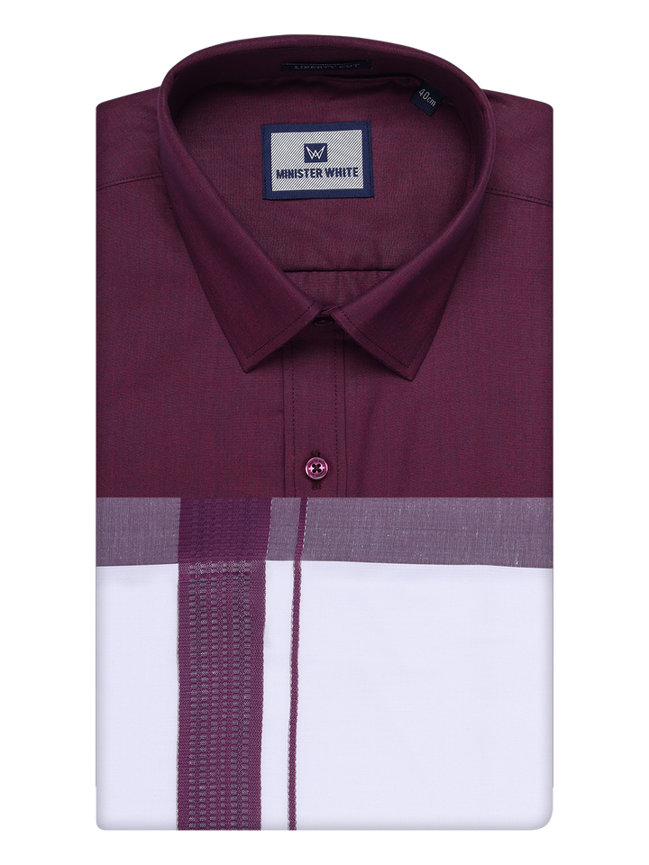 Mens Dark Wine Color Shirt with Matching Border Dhoti Combo Casper by Minister White