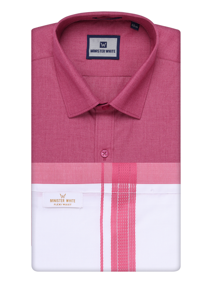 Mens Pink Shirt with Matching Border Flexi Dhoti Combo Casper Flexi by Minister White