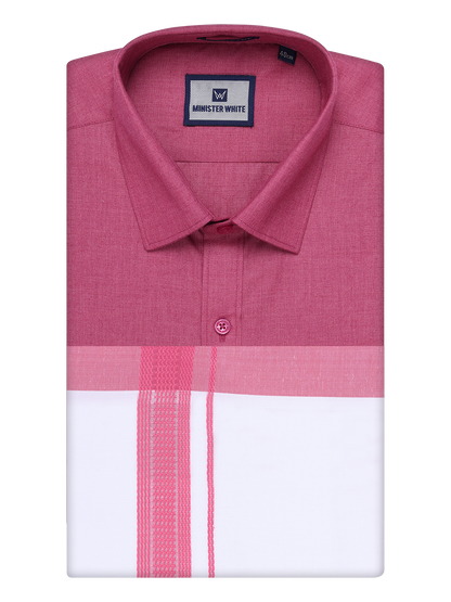 Mens Pink Color Shirt with Matching Border Dhoti Combo Casper by Minister White