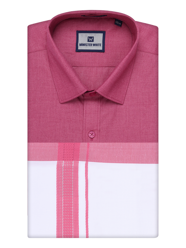 Mens Pink Color Shirt with Matching Border Dhoti Combo Casper by Minister White