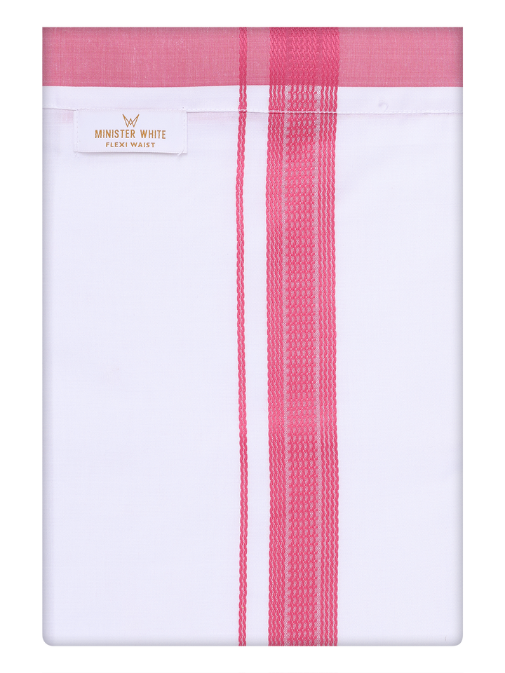 Mens Cotton White Flexi Dhoti with Pink Border by Minister White