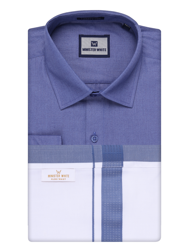 Mens Cotton Blue Color Shirt with Matching Border Flexi Dhoti Combo Casper Flexi by Minister White