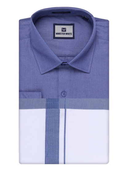 Mens Blue Color Shirt with Matching Border Dhoti Combo Casper by Minister White