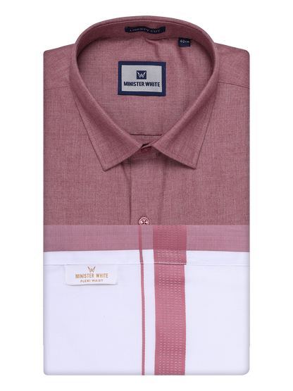 Mens Light Maroon Shirt with Matching Border Flexi Dhoti Combo Casper Flexi by Minister White