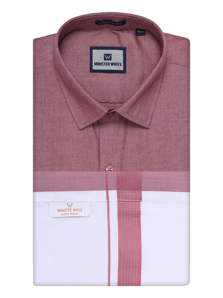 Mens Light Maroon Shirt with Matching Border Flexi Dhoti Combo Casper Flexi by Minister White
