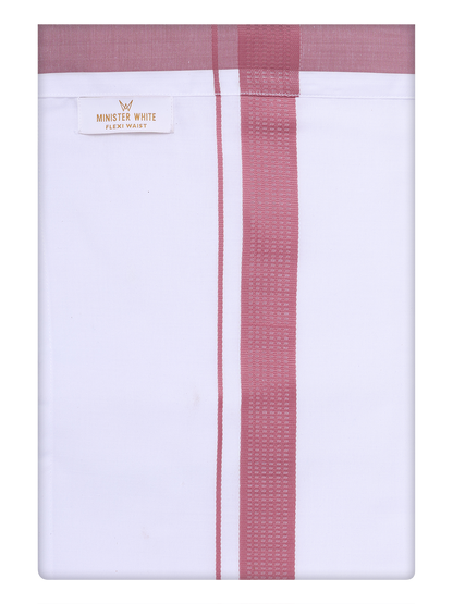 Mens Cotton Flexi Dhoti with Light Maroon Color Border by Minister White