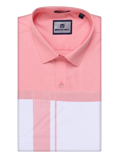 Mens Light Pink Color Shirt with Matching Border Dhoti Combo Casper by Minister White