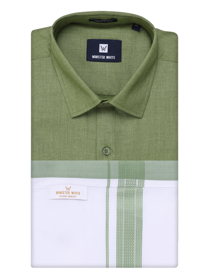 Mens Light Green Shirt with Matching Border Flexi Dhoti Combo Casper Flexi by Minister White