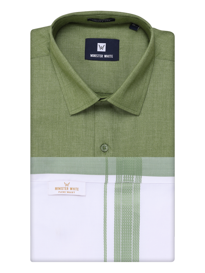 Mens Light Green Shirt with Matching Border Flexi Dhoti Combo Casper Flexi by Minister White