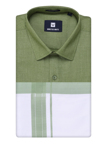 Mens Light Green Color Shirt with Matching Border Dhoti Combo Casper by Minister White