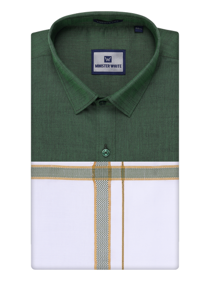 Mens Dark Green Shirt with Matching Border Dhoti Combo Pinto by Minister White