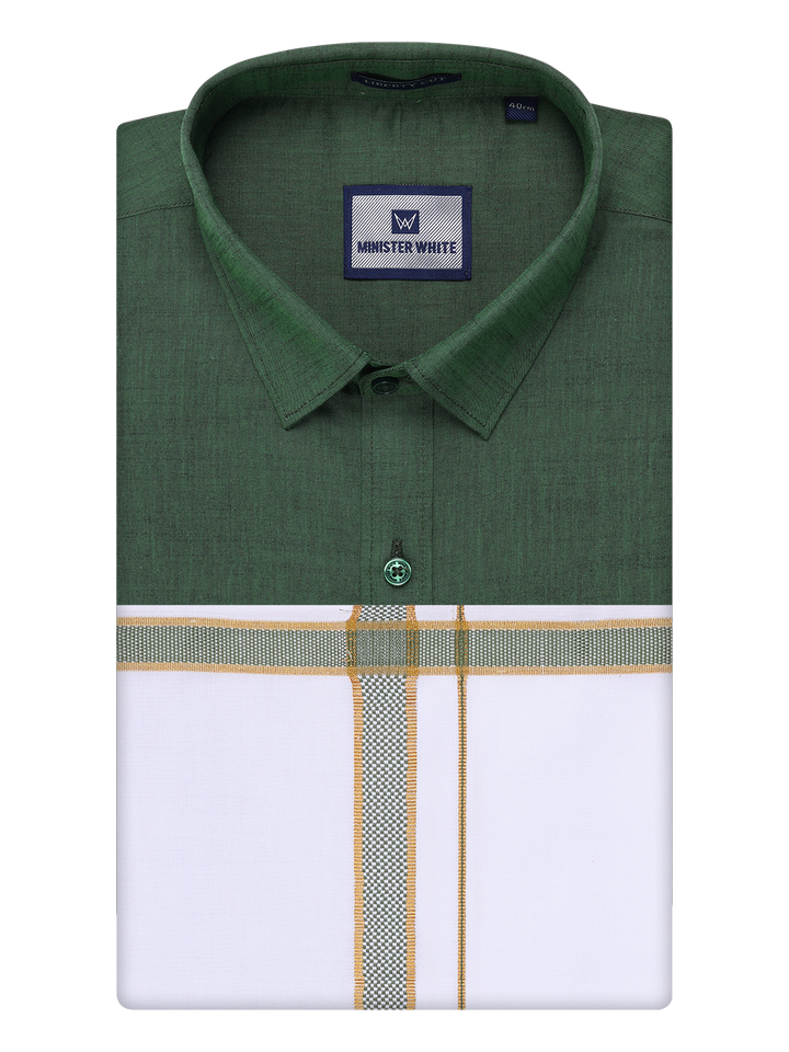 Mens Dark Green Shirt with Matching Border Dhoti Combo Pinto by Minister White