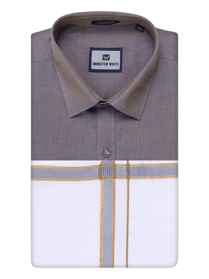 Men's Ash Grey Shirt with Matching Border Dhoti Combo Pinto by Minister White