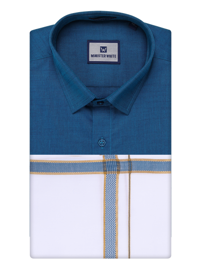 Mens Peacock Shirt with Matching Border Dhoti Combo Pinto by Minister White
