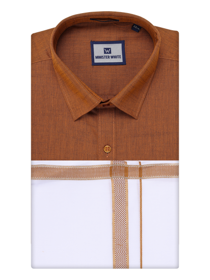 Mens Light Brown Shirt with Matching Border Dhoti Combo Pinto by Minister White