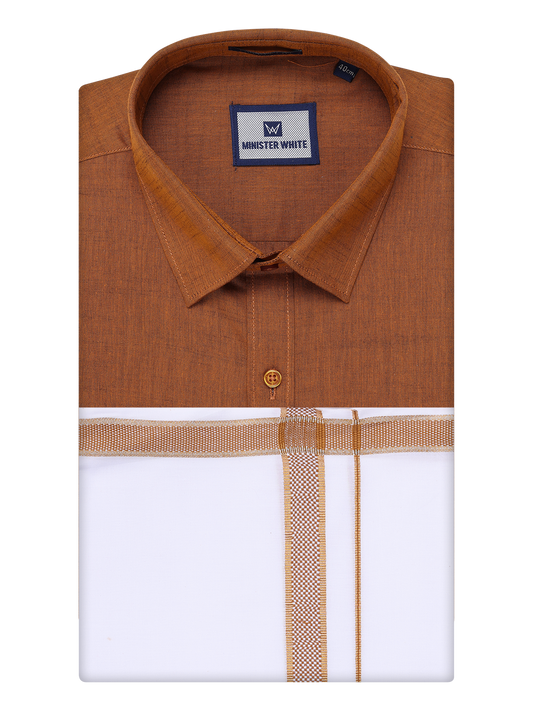Mens Light Brown Shirt with Matching Border Dhoti Combo Pinto by Minister White