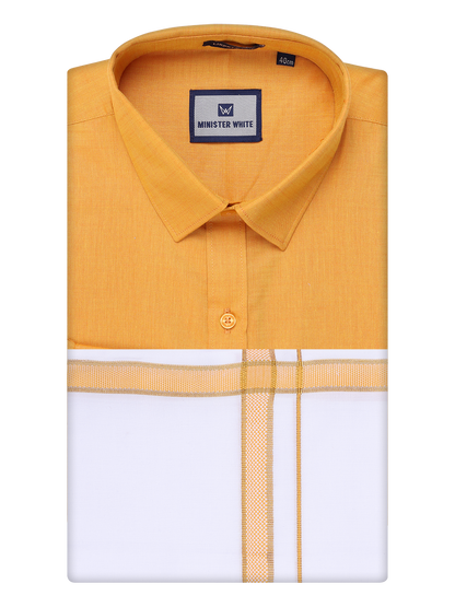 Mens Yellow Shirt with Matching Border Dhoti Combo Pinto by Minister White