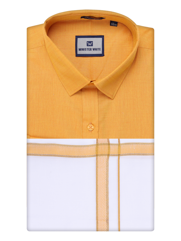 Mens Yellow Shirt with Matching Border Dhoti Combo Pinto by Minister White