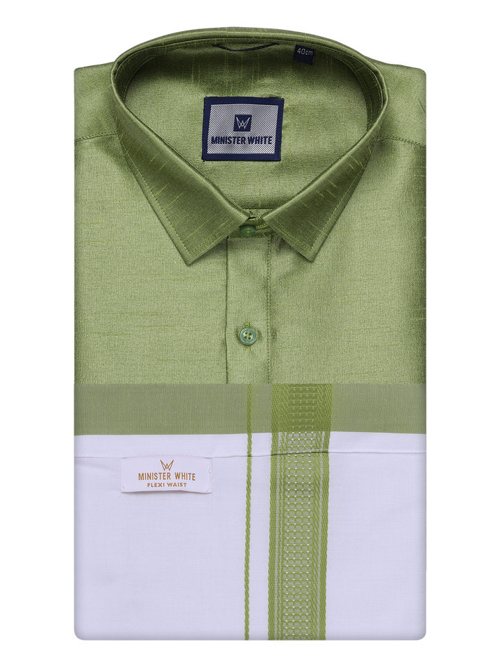 Mens Green Dupion Satin Shirt with Matching Border Flexi Dhoti Combo Gora Flexi by Minister White