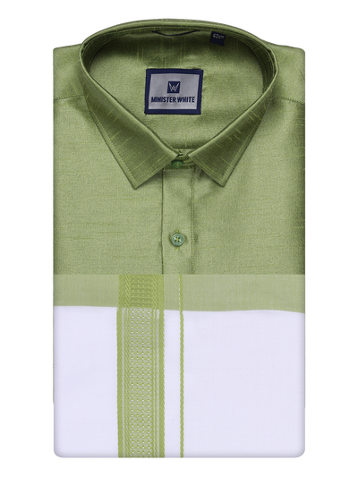 Mens Green Dupion Satin Shirt with Matching Border Dhoti Combo Gora by Minister White