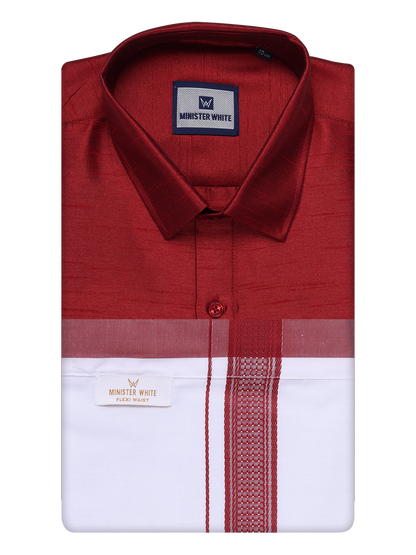 Mens Red Dupion Satin Color Shirt with Matching Border Flexi Dhoti Combo Gora Flexi by Minister White