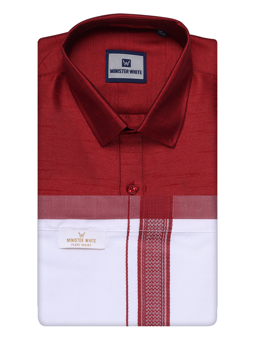 Mens Red Dupion Satin Color Shirt with Matching Border Flexi Dhoti Combo Gora Flexi by Minister White