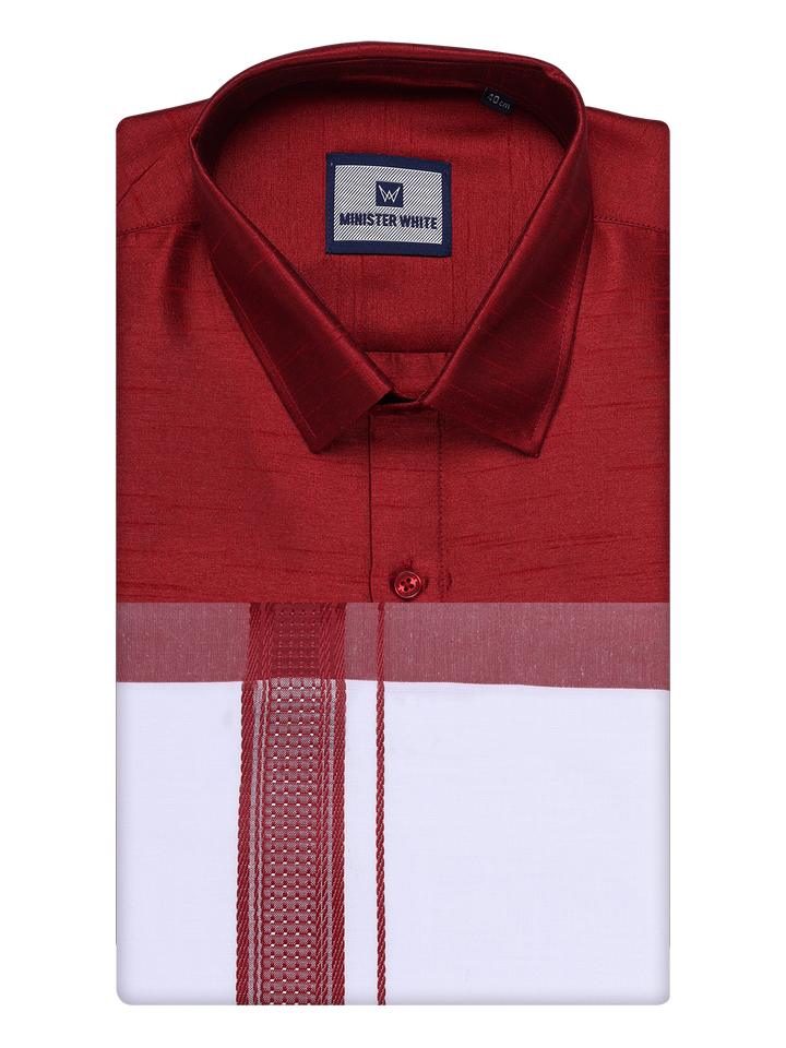 Mens Red Dupion Satin Color Shirt with Matching Border Dhoti Combo Gora by Minister White