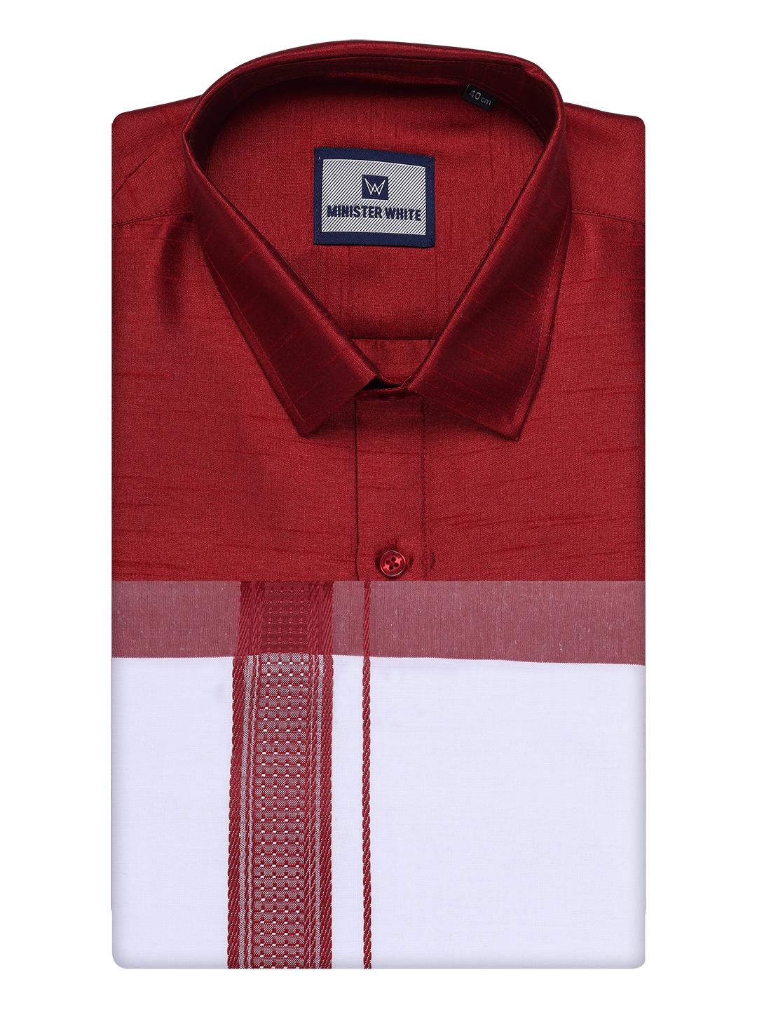 Mens Red Dupion Satin Color Shirt with Matching Border Dhoti Combo Gora by Minister White