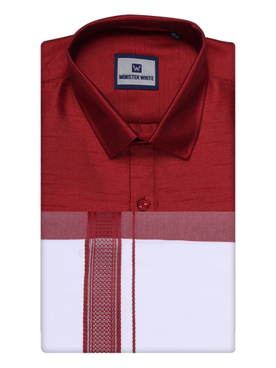 Mens Red Dupion Satin Color Shirt with Matching Border Dhoti Combo Gora by Minister White