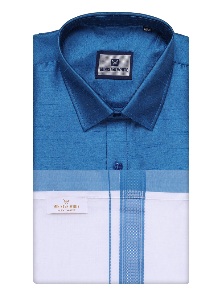 Mens Ramar Blue Dupion Satin Color Shirt with Matching Border Flexi Dhoti Combo Gora Flexi by Minister White