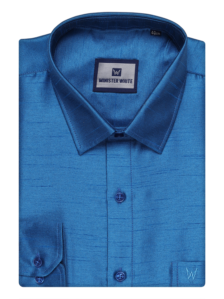 Mens Ramar Blue Dupion Satin Color Shirt by Minister White