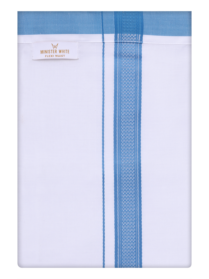Mens Cotton White Flexi Dhoti with Ramar Blue Color Border by Minister White