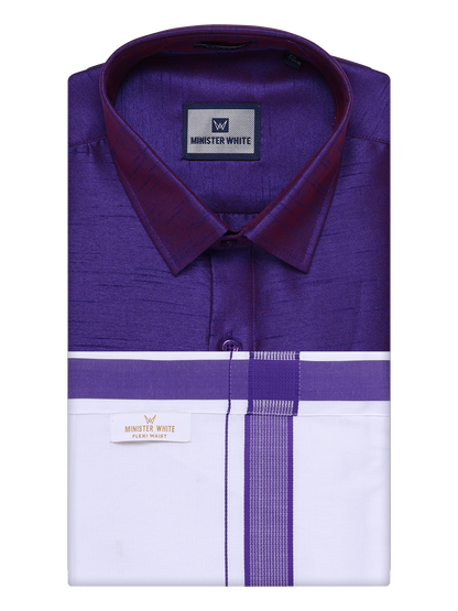 Men's Violet Dupion Satin Color Shirt with Matching Border Flexi Dhoti Combo Gora Flexi by Minister White