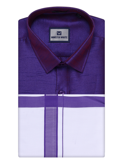 Mens Violet Dupion Satin Color Shirt with Matching Border Dhoti Combo Gora by Minister White