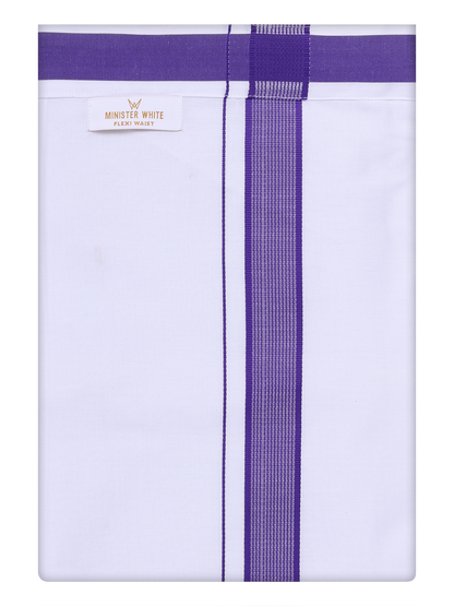 Men's Cotton White Flexi Dhoti with Violet Color Border by Minister White