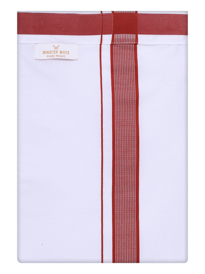 Mens Cotton White Flexi Dhoti with Brick Red Color Border by Minister White