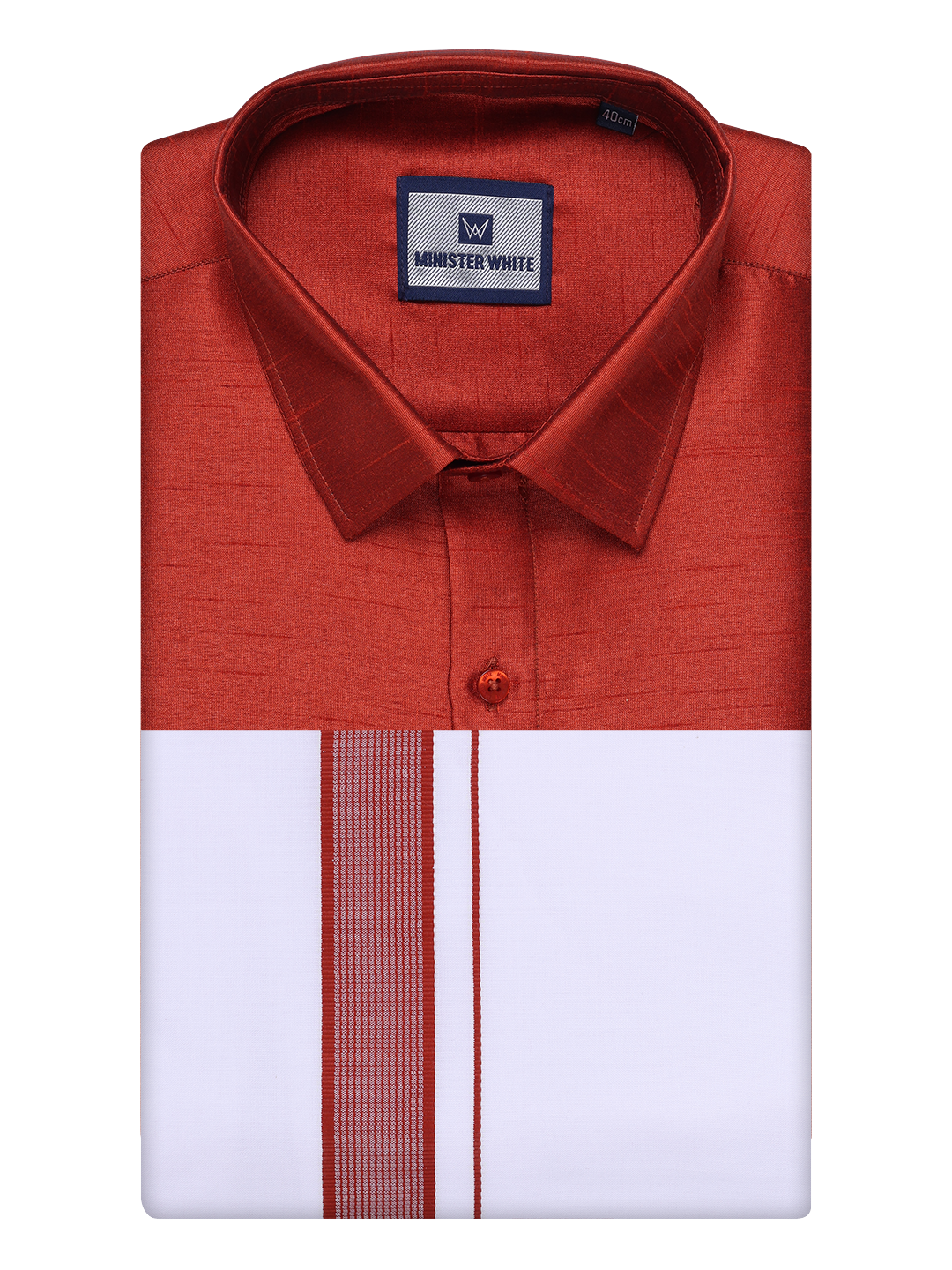 Mens Brick Red Dupion Satin Shirt with Matching Border Dhoti Combo Gora by Minister White