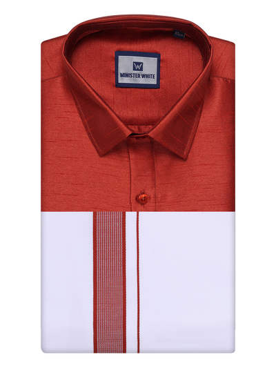 Mens Brick Red Dupion Satin Shirt with Matching Border Dhoti Combo Gora by Minister White