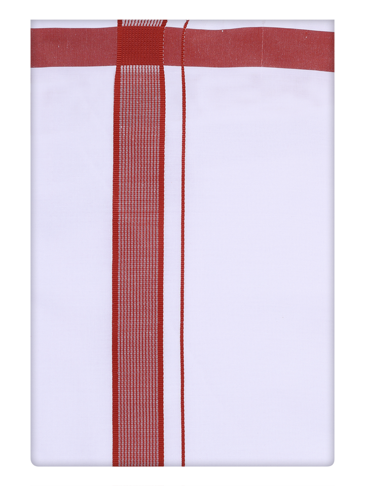 Mens Cotton White Dhoti with Brick Red Border by Minister White