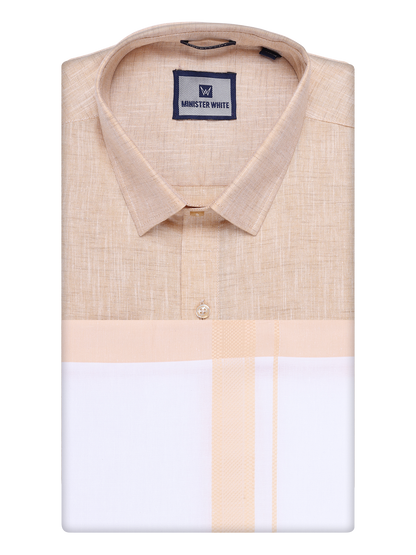 Mens Light Sandal Colour Shirt with Matching Fancy Border Dhoti Combo Lemax by Minister White
