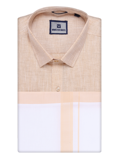 Mens Light Sandal Colour Shirt with Matching Fancy Border Dhoti Combo Lemax by Minister White