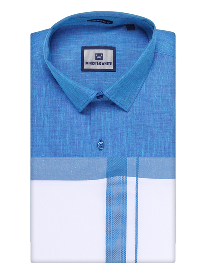 Mens Blue Colour Shirt with Matching Fancy Border Dhoti Combo Lemax by Minister White