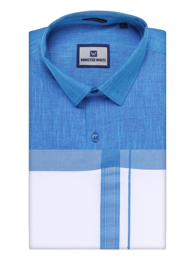 Mens Blue Colour Shirt with Matching Fancy Border Dhoti Combo Lemax by Minister White