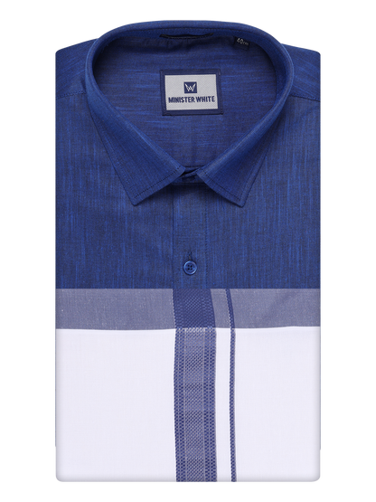 Mens Dark Blue Colour Shirt with Matching Fancy Border Dhoti Combo Lemax by Minister White
