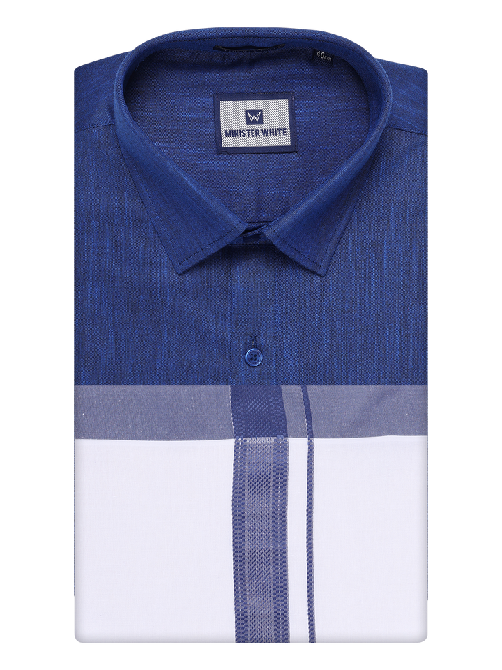 Mens Dark Blue Colour Shirt with Matching Fancy Border Dhoti Combo Lemax by Minister White