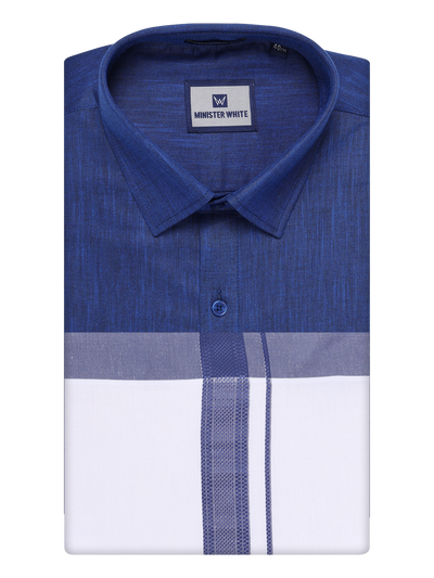 Mens Dark Blue Colour Shirt with Matching Fancy Border Dhoti Combo Lemax by Minister White