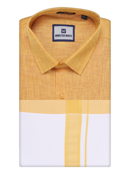 Mens Yellow Colour Shirt with Matching Fancy Border Dhoti Combo Lemax by Minister White