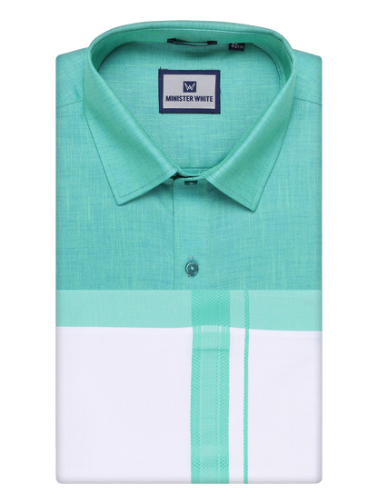 Mens Light Blue Colour Shirt with Matching Fancy Border Dhoti Combo Lemax by Minister White