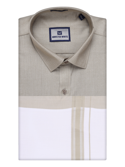 Mens Cotton Light Olive Matching Shirt and Dhoti Combo Luster by Minister White